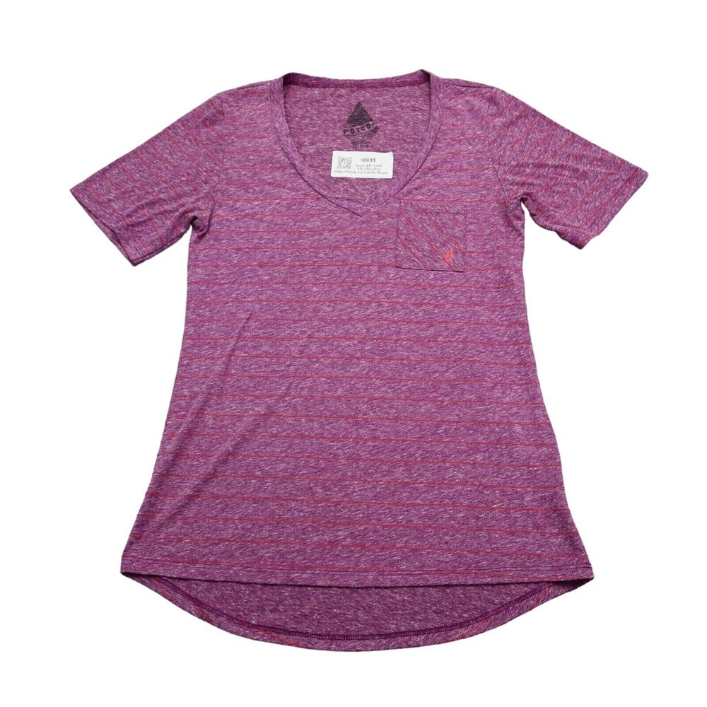 Volcom Shirt Womens XS Purple Pinstriped V Neck Short Sleeve Chest Pocket Tee